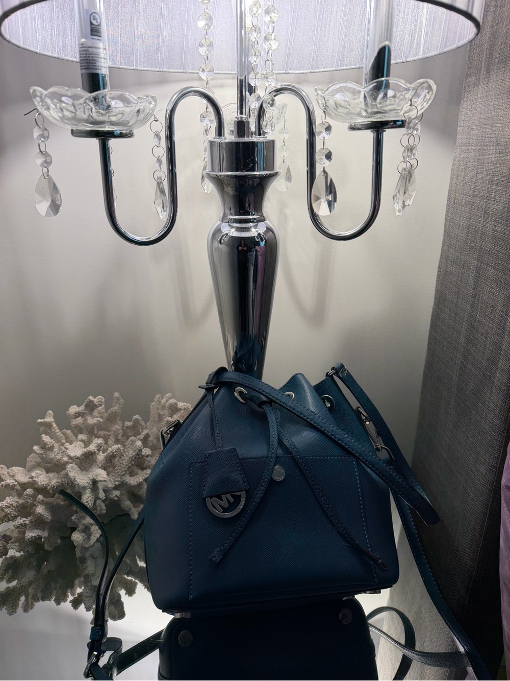 Michael Kors Navy Leather Mini Drawstring Bucket Bag